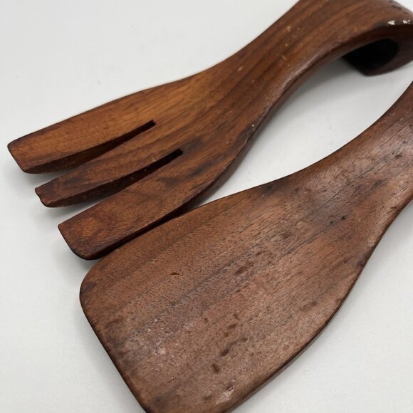 Vintage Mid Century Vermillion Real Walnut Wood Salad Serving Set Fork Spoon MCM - Picture 5 of 5